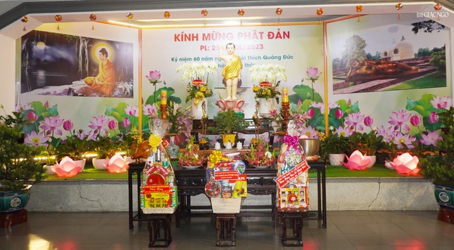 Lễ đài tại chùa Huỳnh Kim nơi sẽ diễn ra Đại lễ Phật đản Phật giáo quận vào sang 14-4-Qúy Mão