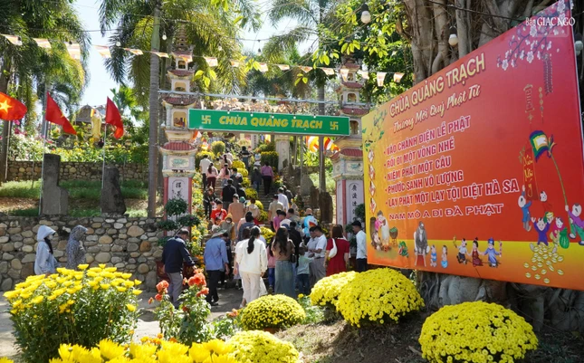 Nằm lưng chừng trên một ngọn đồi hữu tình, chùa Quảng Trạch được bao quanh bởi những cánh đồng lúa bao la và núi non hùng vĩ