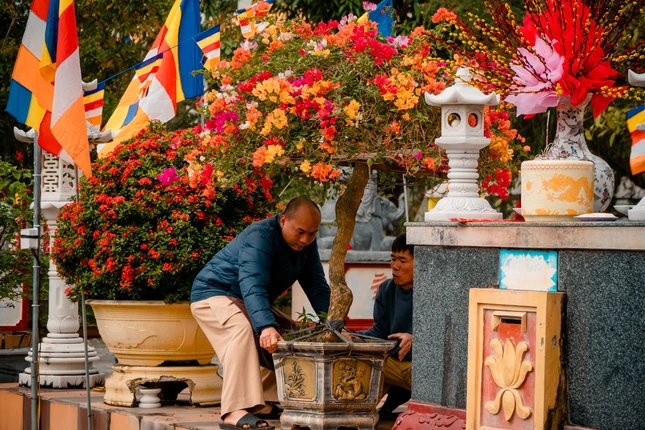 Chư Tăng và Phật tử sắp hoa trang trí