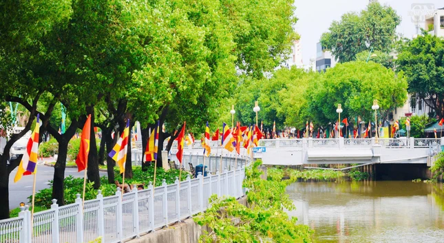 Hai bên đường Trường Sa, Hoàng Sa (Q.Tân Bình), chùa Viên Giác và Khuông Việt cũng thiết trí cờ dọc hai bên bờ kênh