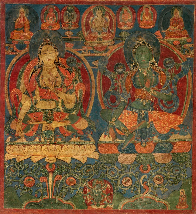 Bạch Tara (trái), Lục Tara (phải), tranh Thangka Tây Tạng
