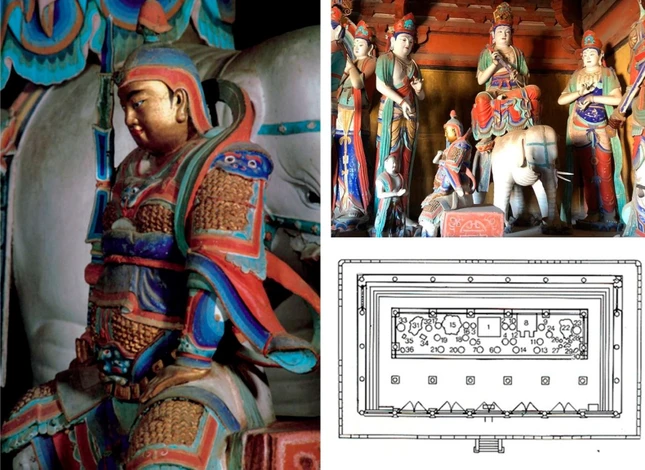 Tượng Vi Đà (niên đại 857, thời nhà Đường) và sơ đồ mặt bằng của Chánh điện phía Đông với vị trí của các tôn tượng tại Phật Quang tự, tỉnh Sơn Tây. Sơ đồ tổng thể được sửa đổi từ (Trung Quốc Phật giáo nghiên cứu sớ 中国佛教研究所 và Sơn Tây tỉnh văn vật cục 山西省文物局 1991, Sơn Tây Phật giáo thái tố 山西佛教彩塑, tr.314)