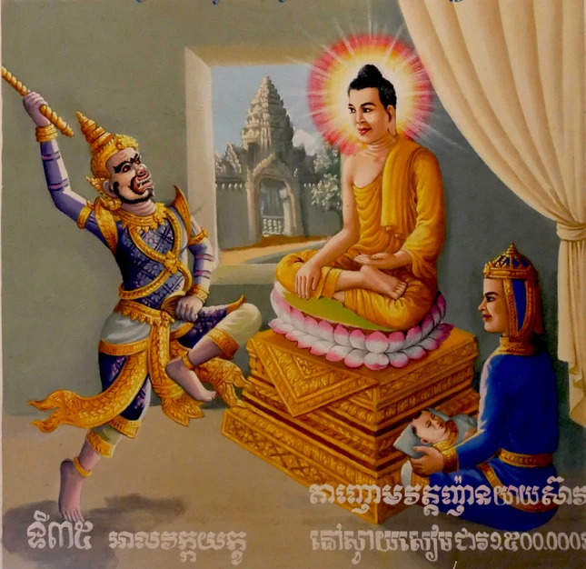 Tranh tường Khmer, câu hỏi của Atavaka, chùa Xoài Xiêm cũ, tỉnh Vĩnh Long Tranh tường Khmer, câu hỏi của Atavaka, chùa Xoài Xiêm cũ, tỉnh Vĩnh Long