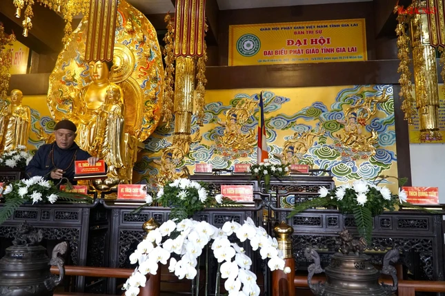 Thượng tọa Thích Tâm Mãn sắp xếp vị trí chư tôn đức Chứng minh Đại hội