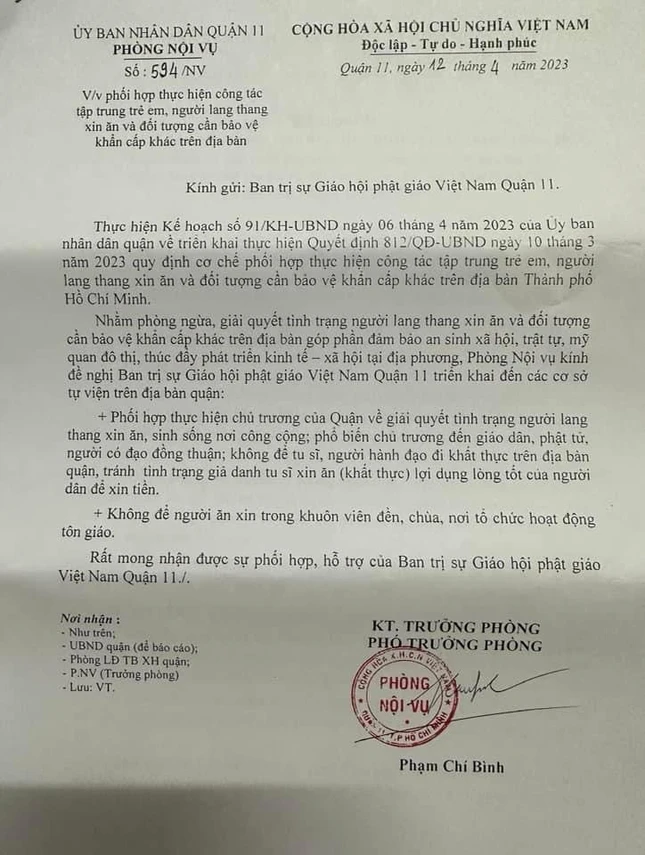 Công văn của Phòng Nội vụ Q.11 gửi đến Ban Trị sự GHPGVN Q.11