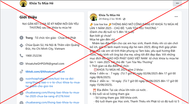 Thông tin mạo danh khóa tu mùa hè để lừa đảo