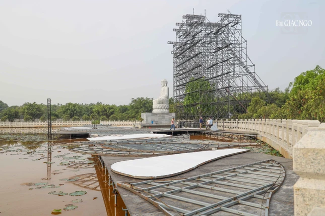 Lắp đặt hệ thống phao nổi, dàn giáo dưới hồ sen