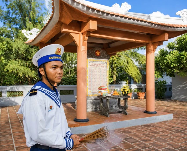 Chiến sĩ trẻ Nguyễn Nhật Huy (quê TP.HCM) bên bia tưởng niệm 64 liệt sĩ trong trận Gạc Ma năm 1988 tại đảo Phan Vinh