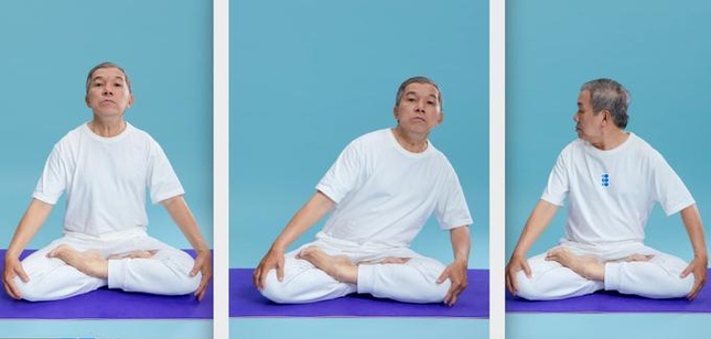 Bác sĩ Vũ hướng dẫn các động tác trong bài tập thở, lần lượt từ trái qua là giữ hơi mở thanh quản; dao động thân qua lại 2-6 cái (hình giữa) và thở ra bằng cách vặn chéo thân mình ngó ra phía sau bên phải hoặc trái - Ảnh: Bác sĩ cung cấp