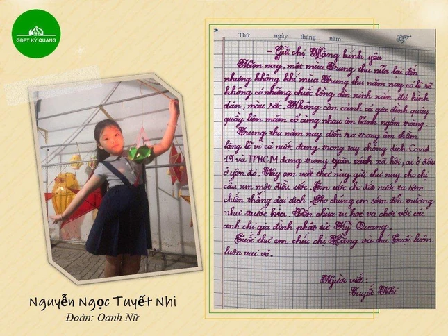 Em Nguyễn Ngọc Tuyết Nhi (đoàn sinh Oanh Vũ nữ GĐPT Kỳ Quang) viết lên những điều mong mỏi gửi về chương trình "Điều ước đêm trăng" trong dịp Trung thu do GĐPT Kỳ Quang tổ chức - Ảnh: GĐPT Kỳ Quang Em Nguyễn Ngọc Tuyết Nhi (đoàn sinh Oanh Vũ nữ GĐPT Kỳ Quang) viết lên những điều mong mỏi gửi về chương trình "Điều ước đêm trăng" trong dịp Trung thu do GĐPT Kỳ Quang tổ chức - Ảnh: GĐPT Kỳ Quang