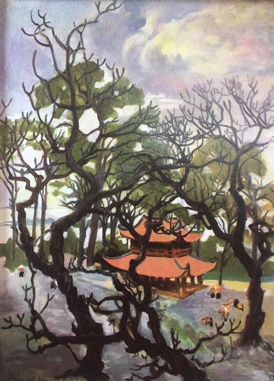 Bức tranh "Gác chuông" (vẽ chùa Trăm Gian)