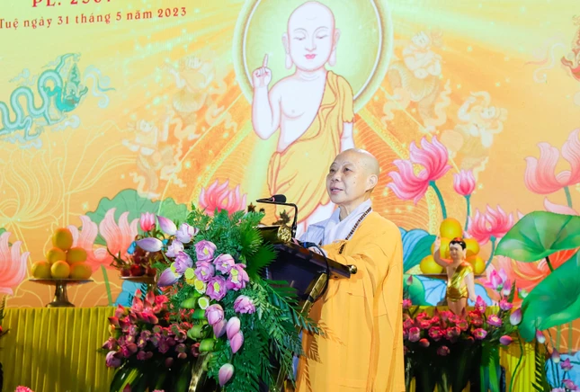 Ni sư Thích nữ Diệu Nhẫn, Phó ban Trị sự GHPGVN tỉnh tuyên đọc Diễn văn Phật đản Phật lịch 2567 của Hòa thượng Chủ tịch Hội đồng Trị sự