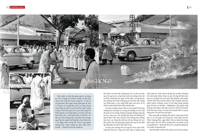 Một chiếc xe tiến đến giữa ngã tư và dừng lại. Hai vị Tăng sĩ trẻ bước xuống xe. Rồi một nhà sư lớn tuổi hơn bước xuống xe. Vị này đi về phía phải, đến ngay chính giữa giao lộ. Hai vị Tăng sĩ trẻ mang đến một can nhựa đựng xăng. Ngay sau khi vị sư lớn tuổi tự ngồi xuống trong tư thế kiết-già, hai vị kia tưới xăng lên khắp người vị sư đang ngồi. Vị sư lớn tuổi mở hộp diêm, lấy ra một que diêm và đốt lên, rồi đặt que diêm đang cháy vào phía trước bụng, ngay lập tức ngọn lửa bùng lên, toàn thân của vị sư ngập chìm trong lửa. Tất cả mọi người chứng kiến cảnh tượng ấy đều thấy kinh hoàng” - Malcolm Browne thuật lại.