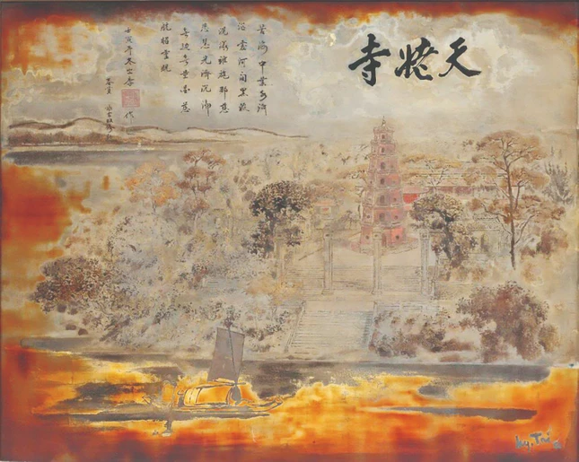 "Chùa Thiên Mụ", sơn mài, Nguyễn Gia Trí (1908-1993) "Chùa Thiên Mụ", sơn mài, Nguyễn Gia Trí (1908-1993)