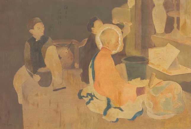 "Trong chùa", màu nước trên lụa, Nguyễn Tường Lân (1906-1946) "Trong chùa", màu nước trên lụa, Nguyễn Tường Lân (1906-1946)