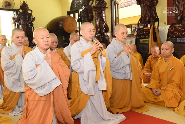 Ni sư Thích nữ Như Thảo đại diện chư Ni các điểm an cư tác pháp thỉnh Đại Tăng giáo giới thọ an cư