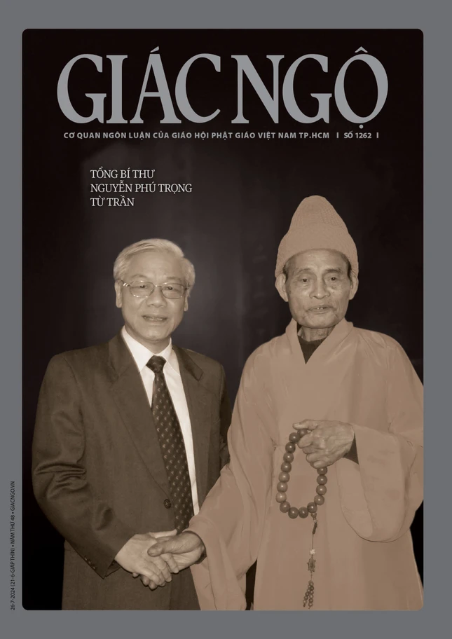 Bìa Báo Giác Ngộ số 1262: Tổng Bí thư Nguyễn Phú Trọng với Đức Đệ tam Pháp chủ - Đại lão Hòa thượng Thích Phổ Tuệ tại tổ đình Viên Minh, Hà Nội (Ảnh: Cẩm Vân)