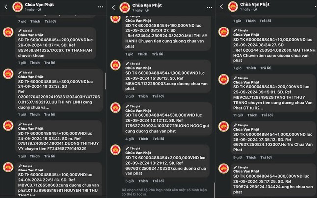 Thông tin một số giao dịch qua ngân hàng tiền chuyển vào tài khoản của kẻ xấu mạo danh "Sư Tăng" chùa Vạn Phật kêu gọi quyên góp, hùn phước Thông tin một số giao dịch qua ngân hàng tiền chuyển vào tài khoản của kẻ xấu mạo danh "Sư Tăng" chùa Vạn Phật kêu gọi quyên góp, hùn phước