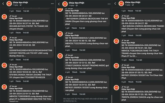 Thông tin một số giao dịch qua ngân hàng tiền chuyển vào tài khoản của kẻ xấu mạo danh "Sư Tăng" chùa Vạn Phật kêu gọi quyên góp, hùn phước