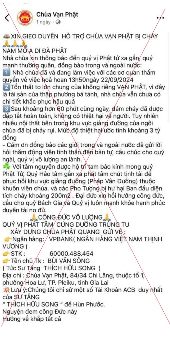 Trang Facebook mạo danh "chùa Vạn Phật" kêu gọi quyên góp Trang Facebook mạo danh "chùa Vạn Phật" kêu gọi quyên góp