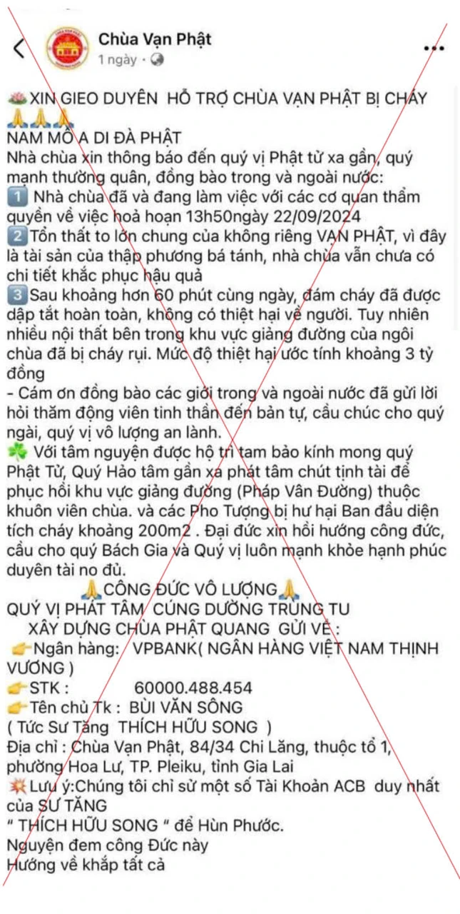Trang Facebook mạo danh "chùa Vạn Phật" kêu gọi quyên góp