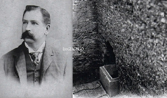 Kỹ sư Peppé và hình ảnh chiếc hòm bằng đá được khai quật - Ảnh: Gia đình của Peppé cung cấp cho The Piprāhwā Project