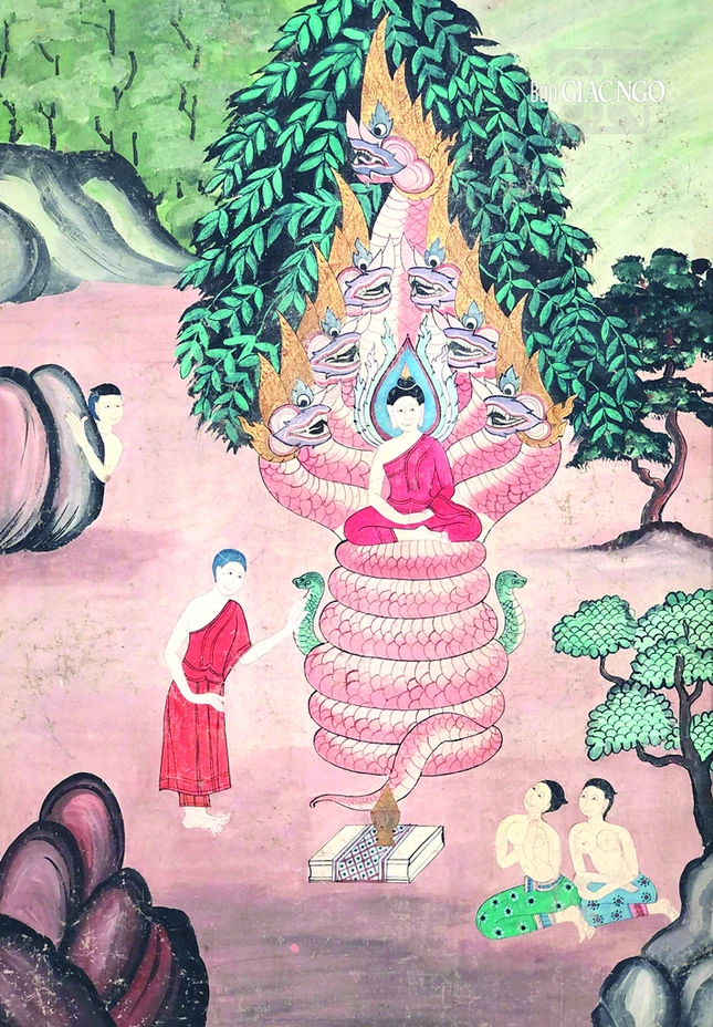 Hình tượng rắn thần che mưa cho Đức Phật trong lúc thiền định phổ biến trong điêu khắc và hội họa Phật giáo