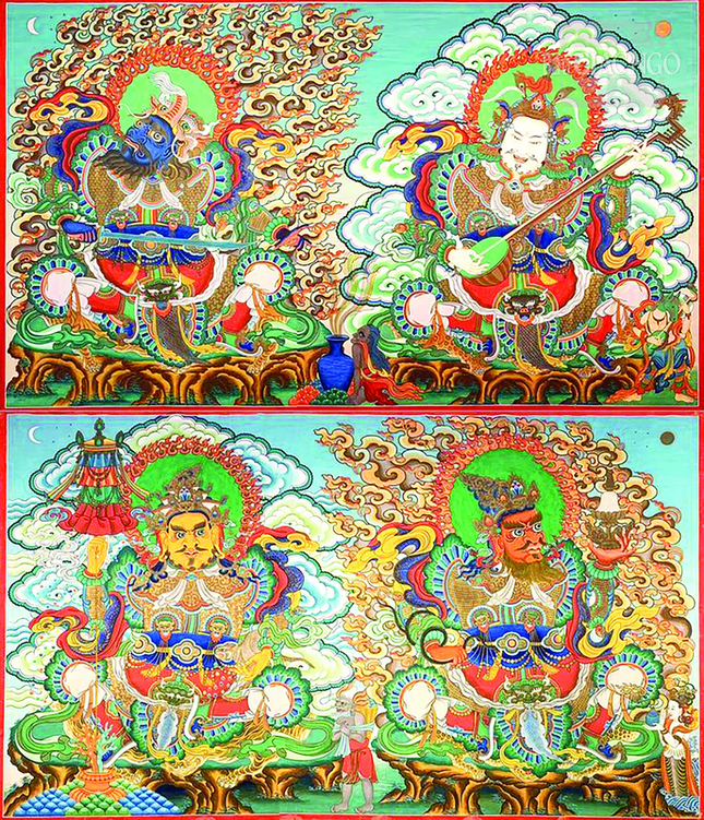 Tứ thiên vương được thể hiện trên một bức thangka theo phong cách Tây Tạng Tứ thiên vương được thể hiện trên một bức thangka theo phong cách Tây Tạng