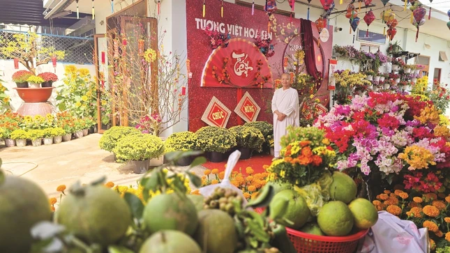 Khuôn viên công ty như "chợ hoa" khi xuân về. Hoa được anh Lê Cao Trực mua ủng hộ để người bán có Tết