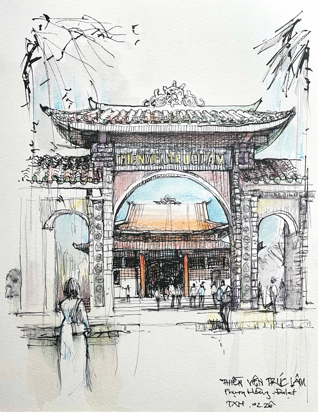 Cổng tam quan thiền viện Trúc Lâm - Ký họa: KTS.Trần Xuân Hồng