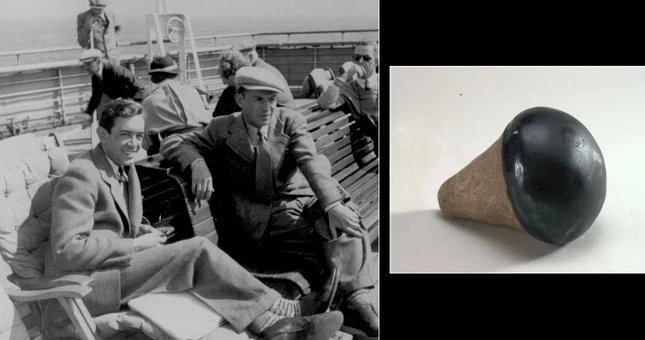 Laurence Sickman (ngoài cùng bên trái) trong hành trình tới Trung Quốc năm 1930 và con ngươi mắt Phật mà ông hiến tặng - Ảnh: Sixthtone