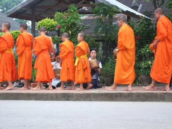 Lên đường đi khất thực - Ảnh: Internet Nhận cơm - Ảnh: Internet