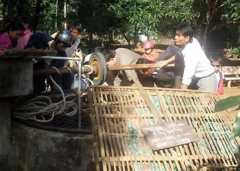 Nhà chùa phải dùng phên tre đóng miệng giếng lại nhưng nhiều người vẫn đẩy ra để thả tiền xuống giếng. Ảnh: Phạm Khang Nhà chùa phải dùng phên tre đóng miệng giếng lại nhưng nhiều người vẫn đẩy ra để thả tiền xuống giếng. Ảnh: Phạm Khang