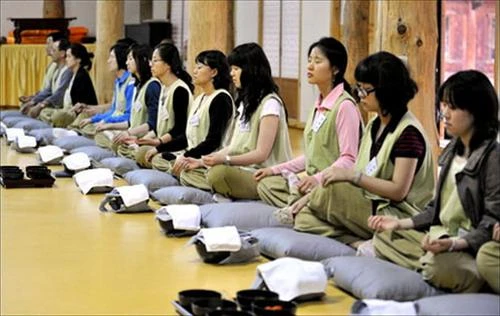 Khách du lịch lắng nghe vị sư trụ trì chỉ dẫn "ulyeok" - những công việc chung Khách du lịch thực hiện “balwoo-gongyang” - một nghi thức bao gồm bốn cái bát bằng gỗ trước bữa ăn của nhà sư ở ngôi đền Baekdam, tỉnh Gangwon Sau khi ăn xong, du khách không được để lại bất cứ thứ gì trong bốn cái bát bằng gỗ Khách du lịch ở trong những hanok - một kiểu nhà truyền thống của Hàn Quốc để có một trải nghiệm Temple stay trọn vẹn