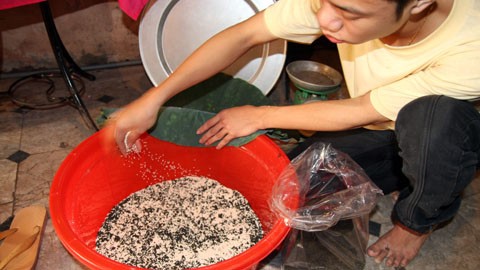 Cứ 1 lớp chè dầy bằng bàn tay thì được phủ lên bởi 1 lớp gạo sen. Cứ thế cho đến khi hết thì đậy kín lại rồi đợi trong khoảng 36 tiếng thì đem ra sấy trong 1 ngày. d