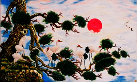 Bức tranh Tùng hạc trường xuân do nghệ nhân Đào Trọng Cường khảm bằng đá quý.