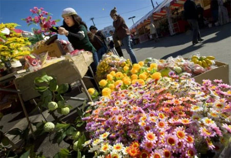 Nguyễn Thị Liên, cô bán hàng, sửa sang quầy hoa tại lễ hội.
