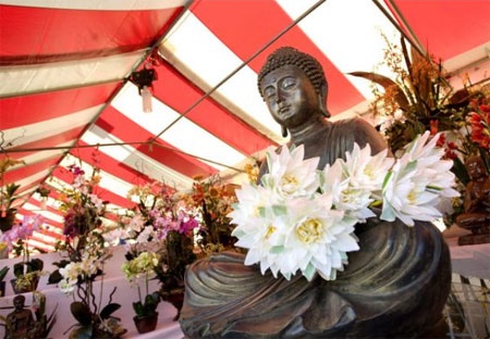 Hoa cúc nhựa đặt trên bức tượng Phật trong một gian ở hội chợ.
