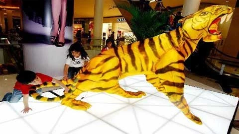 Trẻ em chạm vào đuôi chú Hổ, biểu tượng của năm 2010 tại Senayan City - một khu mua sắm lớn ở Jakarta, thủ đô Indonesia (Ảnh xinhua)