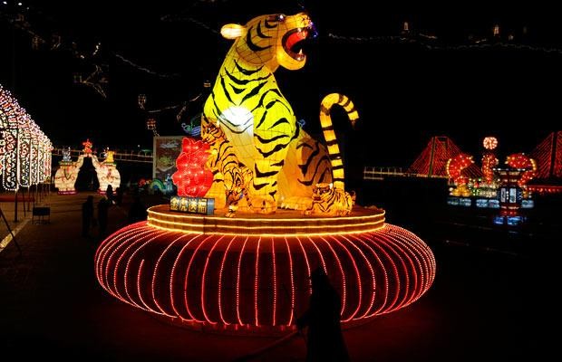 A tiger lantern is seen at the gate of Longqingxia valley at the Yanqing ice and snow festival on the outskirts of Beijing
