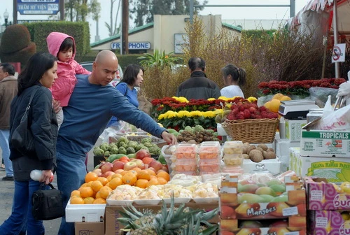 Trái cây xứ nhiệt đới được bày bán đầy chợ, giá đắt gấp 5-6 lần ở Việt Nam Người nước ngoài mua lan 12 USD/một vò lan được nhiều người mua vì mai Việt Nam chánh gốc được trồng ở Mỹ giá cao gấp 5 lần ở Việt Nam.