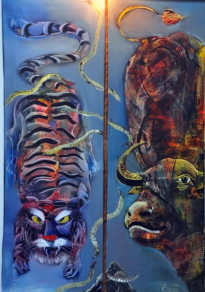 12 ông cọp ngồi nhai kẹo gừng - tranh của Đặng Mậu Tựu Nghĩ về cọp - tranh của Trần Hữu Nhật Tò mò trí khôn - tranh của Hoàng Thanh Phong Mặt - tranh của Nguyễn Duy Hiền