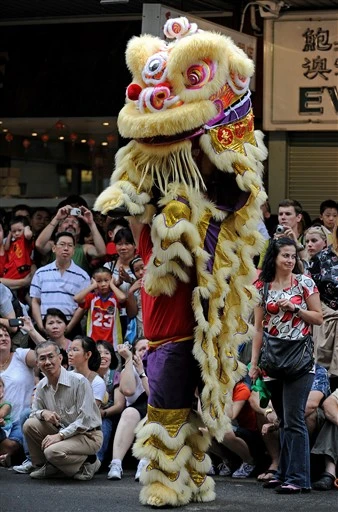 Đội võ thuật Yau Kung Mun biểu diễn màn múa lân trên đường khu phố China Town ở Sydney sáng nay chào mừng năm mới. Các quan chức Australia cho hay họ sẽ tổ chức lễ hội mừng Nguyên Đán lớn nhất bên ngoài châu Á, với lễ hội văn hóa kéo dài 17 ngày ở Sydney.