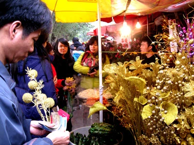 Phủ Tây Hồ đông nghịt, nhiều người phái bái vọng từ bên ngoài Một "cành vàng, lá ngọc" giá tới 40 ngàn đồng (đắt gần gấp đôi bên ngoài), nhưng người mua không hề tiếc tiền khi vào chùa Hàng tế lễ đủ loại được bày bán ngay từ cổng chùa Bồ Đề (Long Biên) Chen lấn nhau để được đóng tiền công đức cho nhà chùa Các bạn trẻ đua nhau mua thẻ quẻ đầu năm và mong chờ may mắn Đánh giầy vào phục vụ ngay trong sân Chùa mong được hưởng lộc đầu năm Nghĩ rằng nhiều khách đi chùa có nhu cầu ăn uống, một nhà hàng nổi trên du thuyền đã "cặp bến" ngày sát Phủ Tây hồ để làm dịch vụ ăn, uống