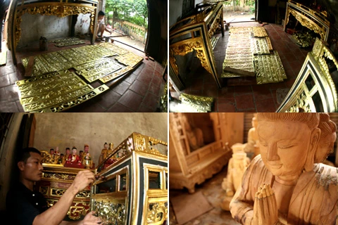 Sơm Đồng nổi tiếng với việc chế tác các tượng Phật cổ và giả cổ. Người làm tượng đòi hỏi phải chính xác từng chi tiết. Ngoài ra, cần có lòng say mê. Hiện nay, ở Sơn Đồng có nhiều người trẻ tham gia vào công việc tạc tượng. Một người học nghề tại Sơn Đồng. Để học nghề thành thạo, biết làm mọi công đoạn của một bức tượng phải mất ít nhất 2 năm. Sản phẩm của làng nghề vô cùng phong phú và đa dạng về chủng loại. Những bức tượng phật được thiết kế tinh xảo, y như thật. Một góc xưởng làng nghề tại Sơn Đồng. Sau khi tạc tượng xong, chúng được đem đi sơn. Phút nghỉ ngơi của những người thợ. Đến Sơn Đồng hôm nay, từ đầu làng chúng ta đã nghe thấy tiếng đục, tiếng người gọi nhau í ới.