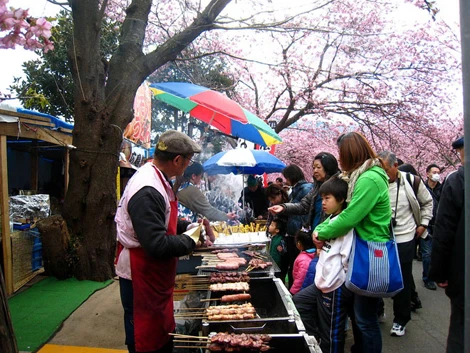 Du khách thập phương mua đồ ăn nhanh dưới những tán anh đào trong mùa lễ hội.