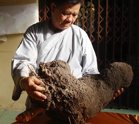 Khối đất có hình giống như tượng Phật được được đưa về chùa .