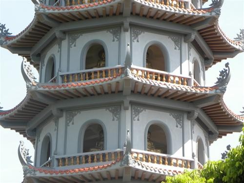 Mỗi tầng tháp đều có tám pho tượng Đức Phật trông ra tám hướng Mỗi tầng tháp đều có tám pho tượng Đức Phật trông ra tám hướng