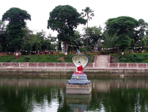 Tuần thứ sáu đức Phật ngồi thiền tại bờ hồ Mucalinda thuộc hướng Nam của đại tháp. Lúc ấy mưa to sấm chớp nổi lên, rồng chúa Mucalinda hiện ra lấy thân quấn xung quanh thân Phật và dùng đầu làm tàng lọng che cho Phật khỏi bị mưa gió làm ướt. Khối đá dài khắc biểu tượng hoa sen, chính là những đóa hoa kỳ diệu hiện ra đỡ chân đức Phật khi Ngài kinh hành lui tới trong phạm vi thiền hành tại dãy Chankramenar, dọc theo hành lang phía Bắc của đại tháp. Tư tưởng của Đức Phật đang lan tỏa toàn cầu bởi triết lý sống và đạo đức trong sáng cùng đức hy sinh cao cả