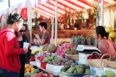 Trong chợ hoa cũng có những gian hàng bán hoa quả được ưa chuộng như mãng cầu, thanh long, dứa, xoài.